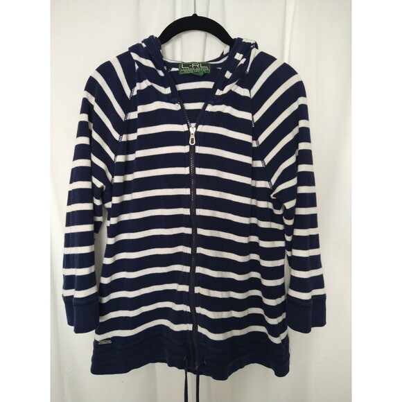 Lauren Active Ralph Lauren XL Cardigan Hoodie Navy Blue & White Stripe Full Zip - Picture 1 of 11